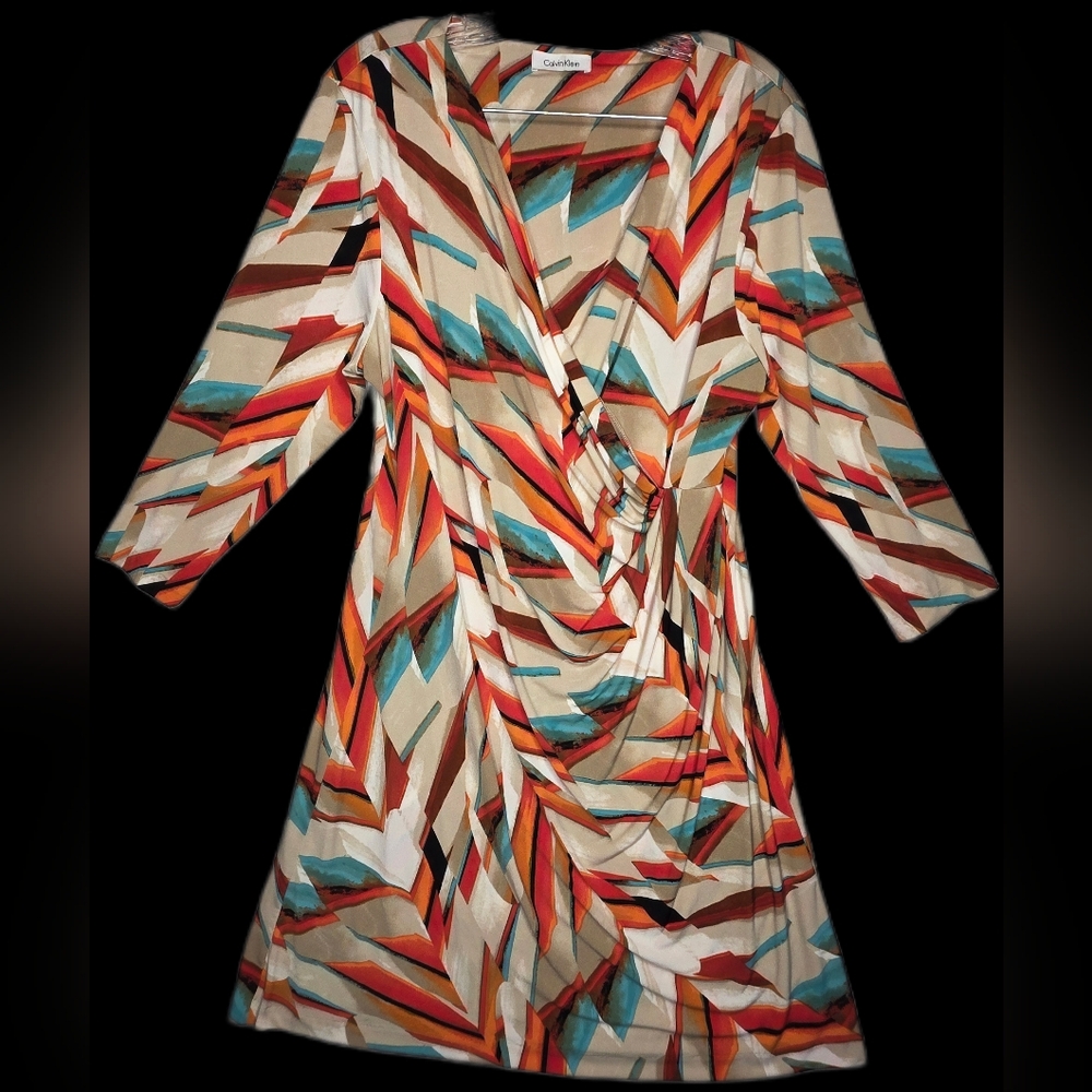Calvin‎ Klein Womens Abstract Geometric Faux Wrap Dress Orange Blue M2AD7825